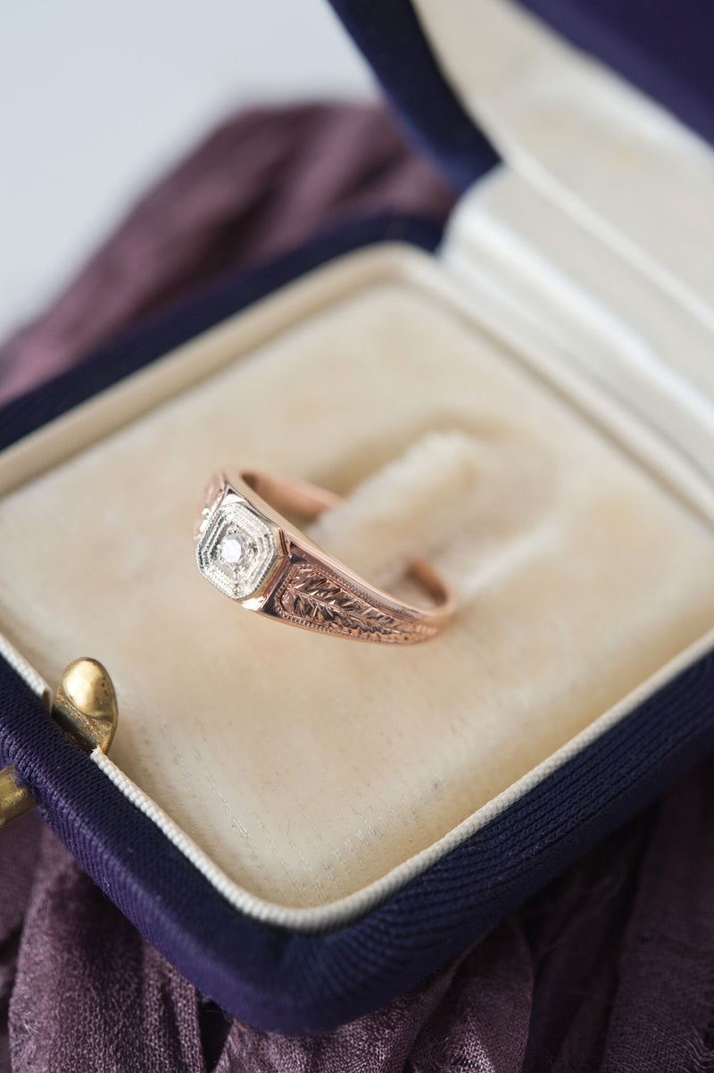 Rose gold diamond leaf engagement ring | antique style 18k rose & white gold | square alternative earthy Victorian engagement ring