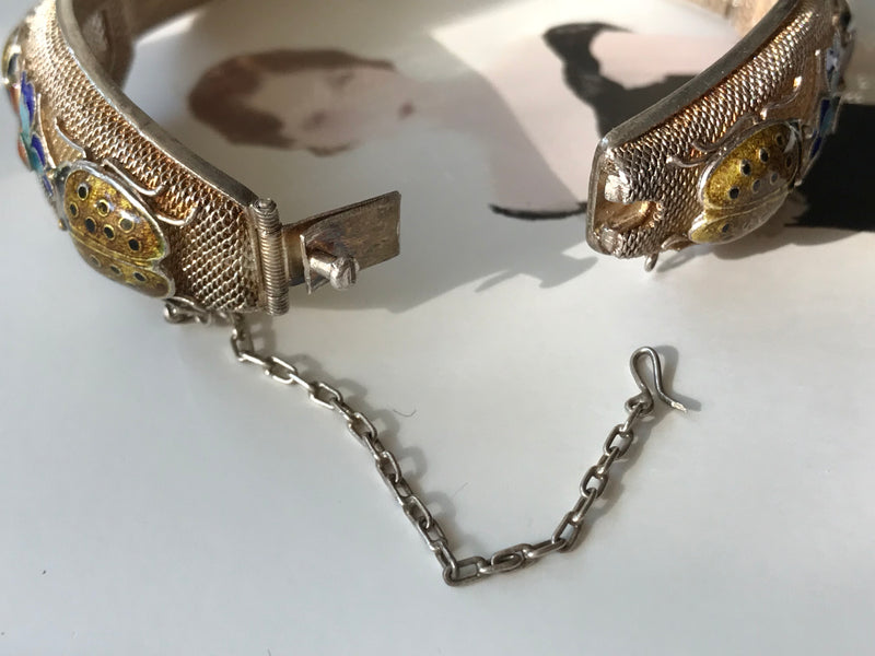Rare Chinese Export Ladybug and Flower Enamel Bracelet