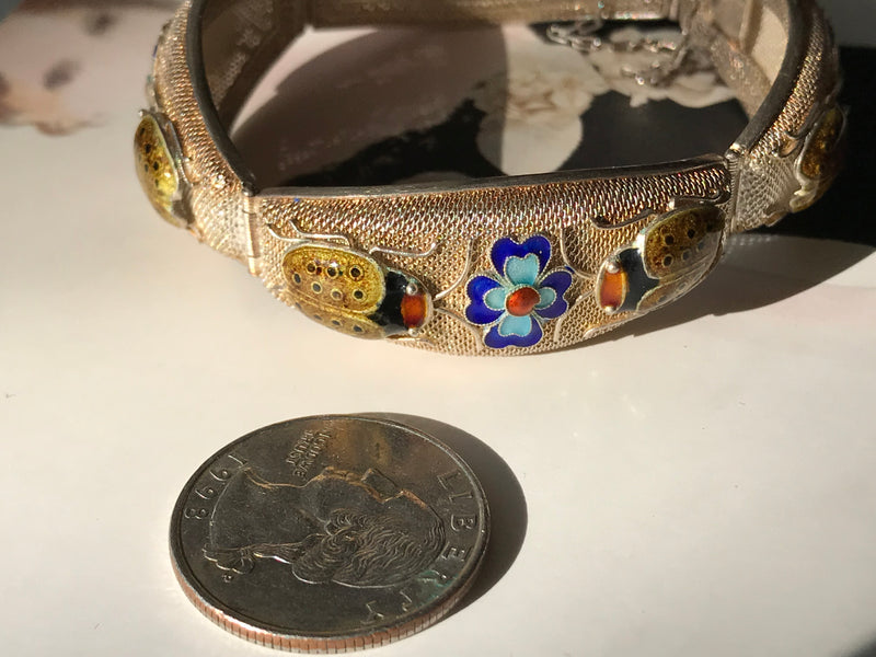 Rare Chinese Export Ladybug and Flower Enamel Bracelet