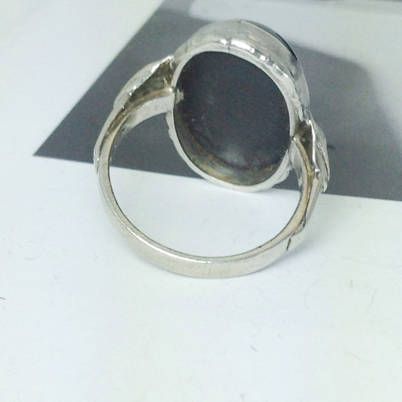 Vintage Art Deco silver gothic ring | 1930's black stone agate oval ring | architectural Ostby Barton style ring | size 4.5