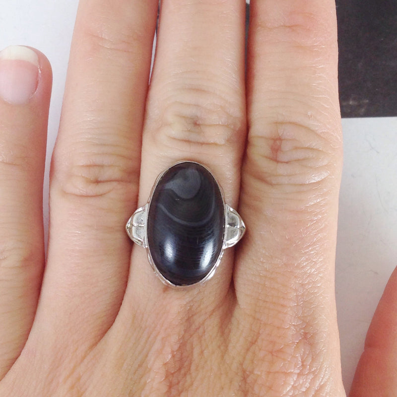 Vintage Art Deco silver gothic ring | 1930's black stone agate oval ring | architectural Ostby Barton style ring | size 4.5