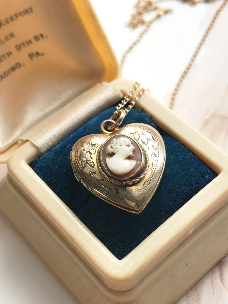 Vintage heart cameo locket | lady female silhouette carved shell locket | 12k gold filled floral locket necklace | 1950's sweetheart jewelry