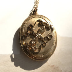 Antique Victorian locket | oval filigree wirework cross locket | gold filled Etruscan Revival style locket pendant necklace