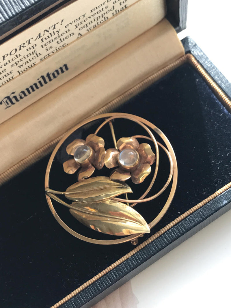 Antique moonstone Arts and Crafts movement brooch | 14k rose and yellow gold | large nature bridal hair pin | Nouveau flower and leaf brooch