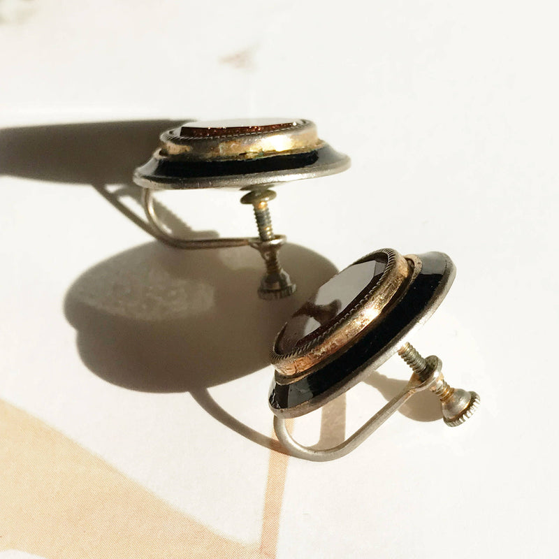 Vintage screw back earrings black enamel and orange goldstone | 1940's late Art Deco circular statement earrings | clip on orange stone