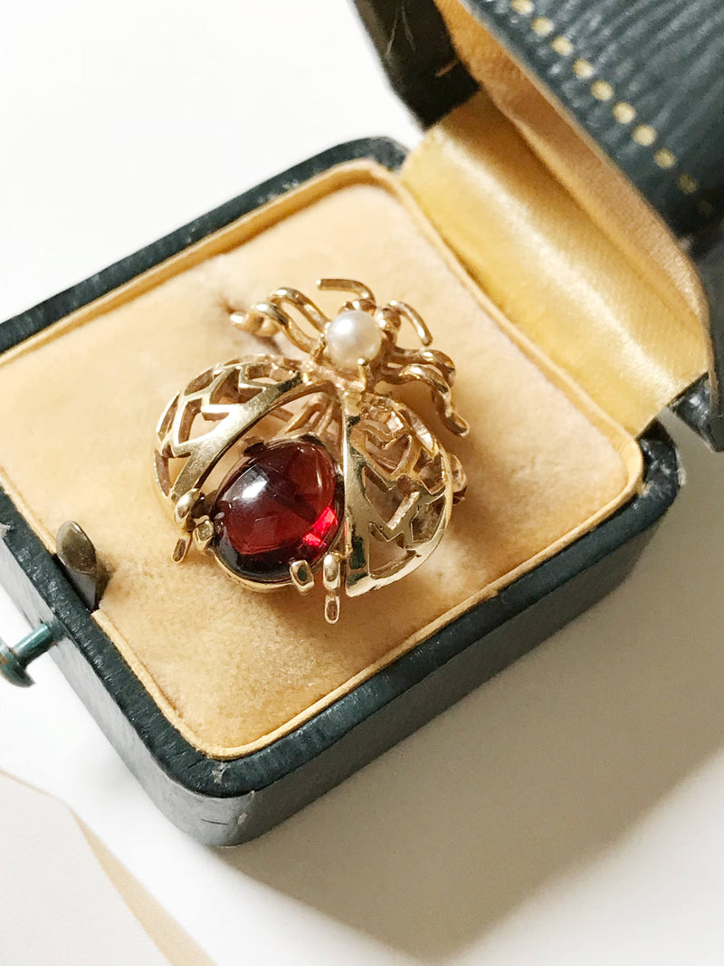 Vintage ladybug brooch | 14k gold garnet and pearl beetle pin | good luck animal jewelry | boho earthy ladybug bridal hair pin