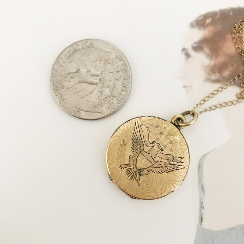 Antique WWI locket with eagle and religious medals | rare gold filled war military memoriabilia locket necklace | Mother Mary Jesus locket
