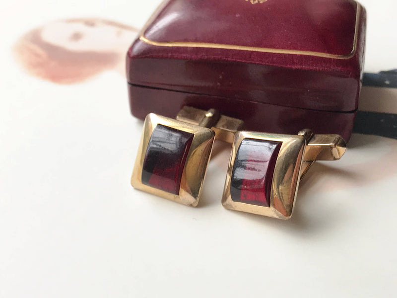 Vintage garnet glass cufflinks | Swank red stone gold filled mid century jewelry cuff links | gift for him best man | man anniversary gift
