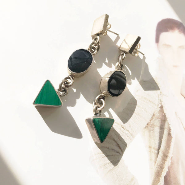 Vintage geometric shape earrings with onyx and malachite | green and black boho long dangle shapes | Mexican silver square oval earrings