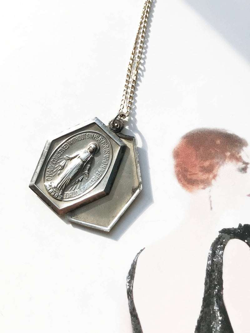 Art Deco miraculous medal locket necklace | 1930's sterling silver slide locket | Virgin Mary Immaculate Conception Catholic prayer necklace