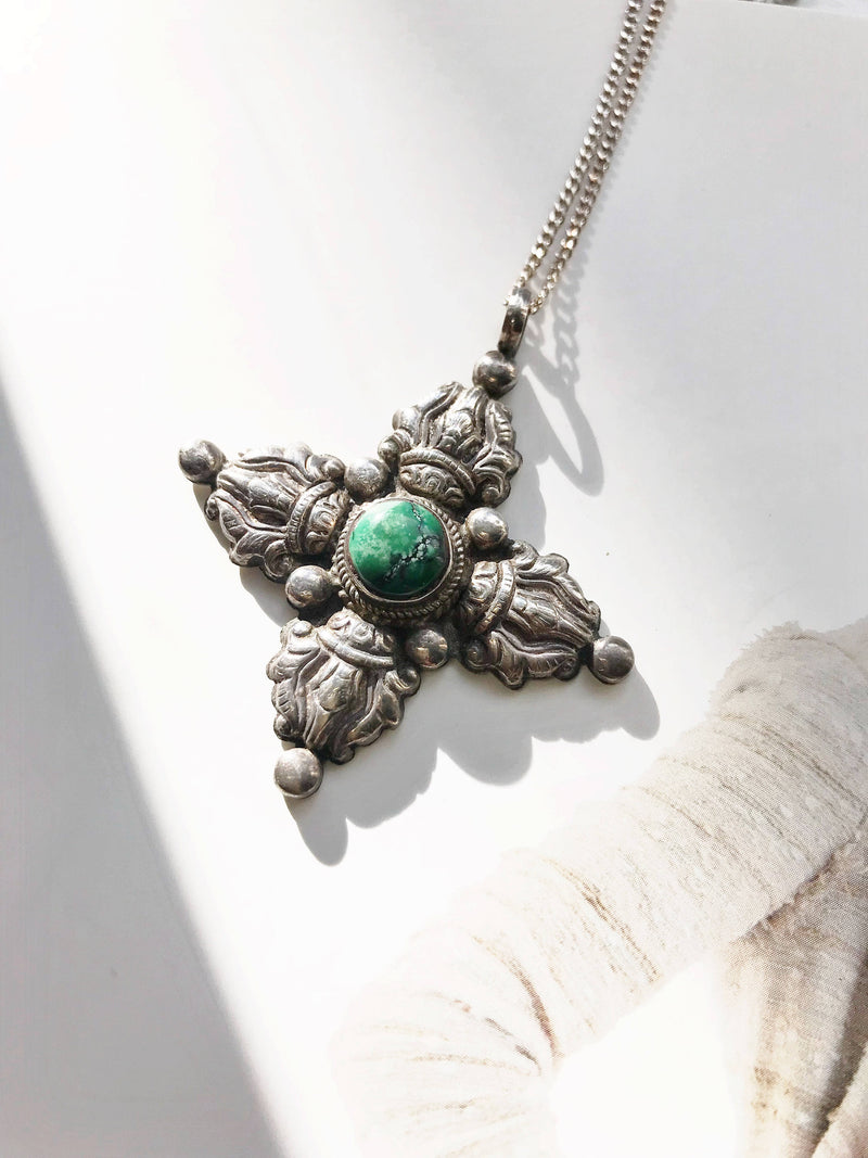 Vintage turquoise tribal cross necklace | 1970's silver Native American Mexican Tibetan silver style | four points directions necklace
