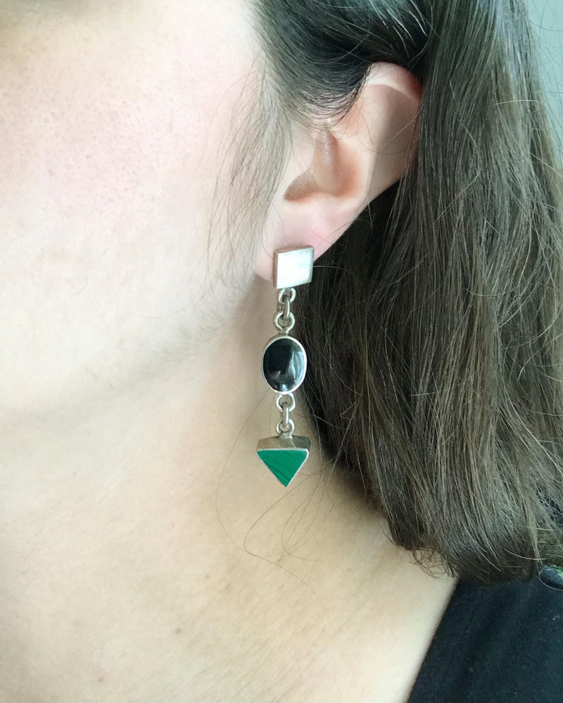 Vintage geometric shape earrings with onyx and malachite | green and black boho long dangle shapes | Mexican silver square oval earrings