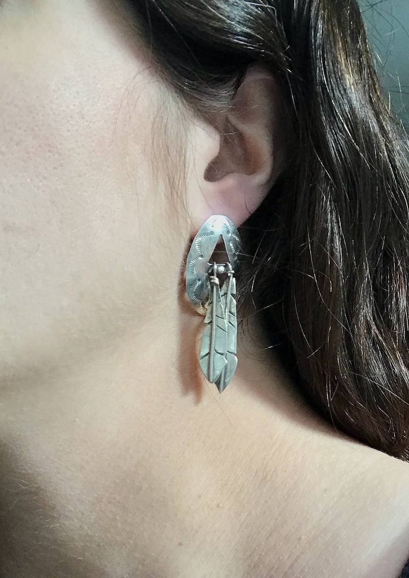 Vintage feather earrings | sterling silver large signed Southwestern statement earrings | Native American sun symbol stamped earrings