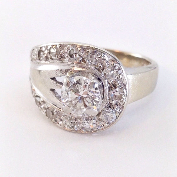 Art Deco 1 CT diamond ring | 1940's 14k white gold large cocktail engagement anniversary ring | unique Art Deco diamond ring | size 5