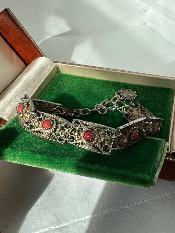 Vintage Cannetille Filigree Simulated Coral Bracelet
