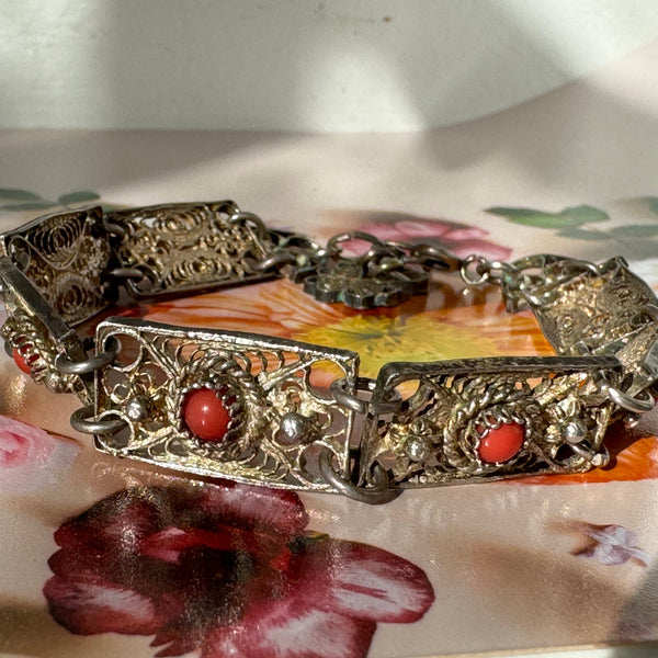 Vintage Cannetille Filigree Simulated Coral Bracelet