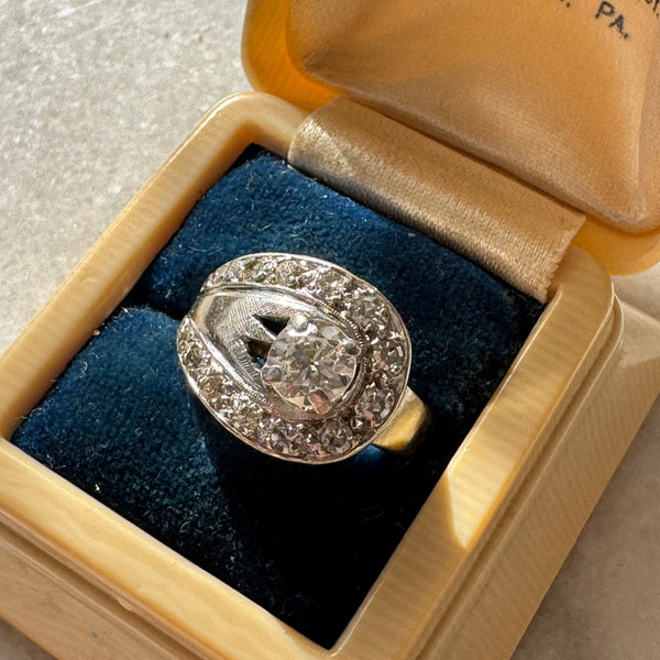 Mid Century White Gold 1 ct Diamond Cocktail Ring