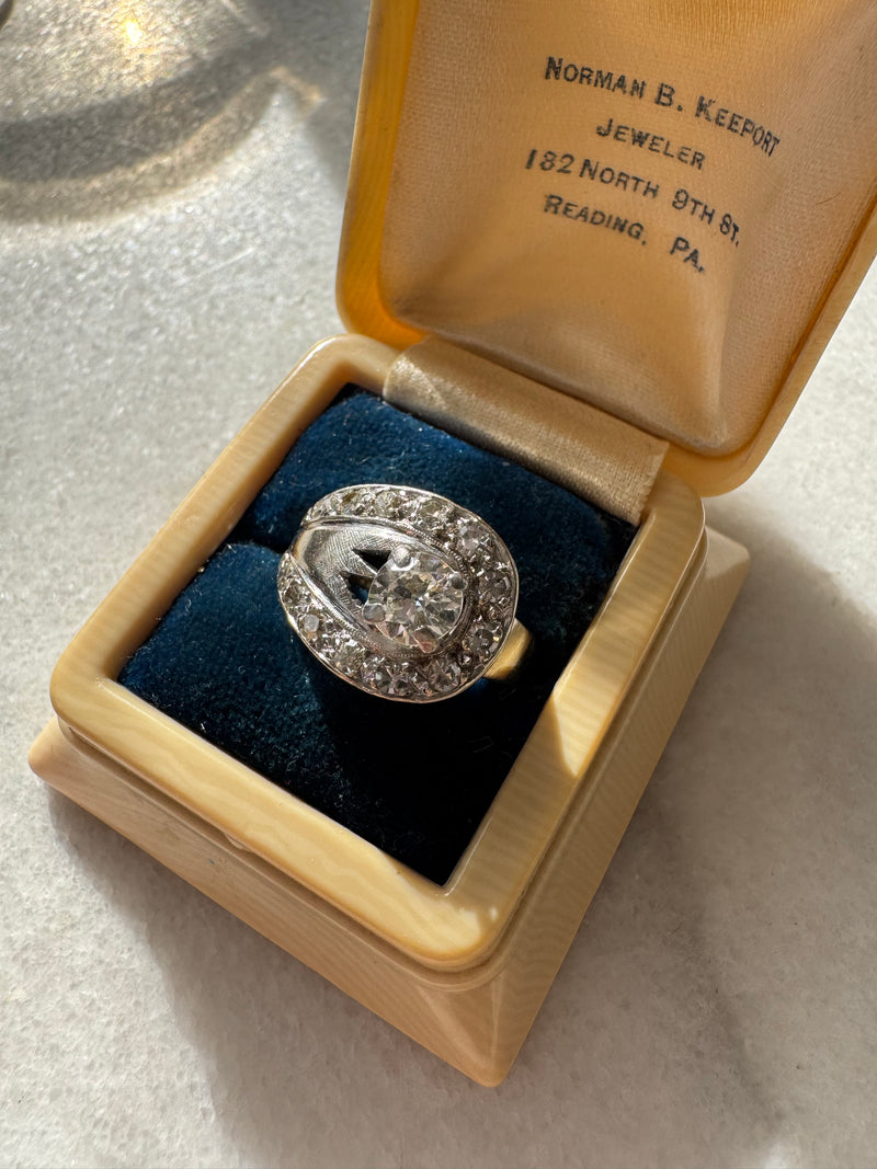 Mid Century White Gold 1 ct Diamond Cocktail Ring