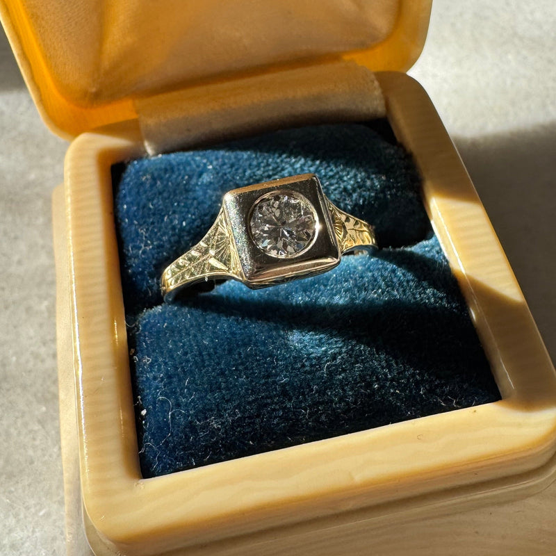 Edwardian Square Diamond Engagement Ring with Wheat Sheaf Engraving