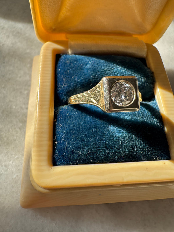 Edwardian Square Diamond Engagement Ring with Wheat Sheaf Engraving