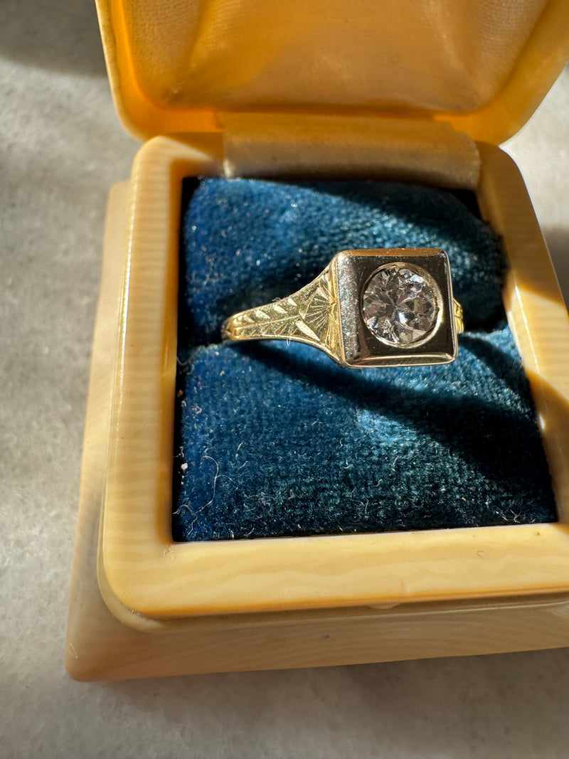 Edwardian Square Diamond Engagement Ring with Wheat Sheaf Engraving