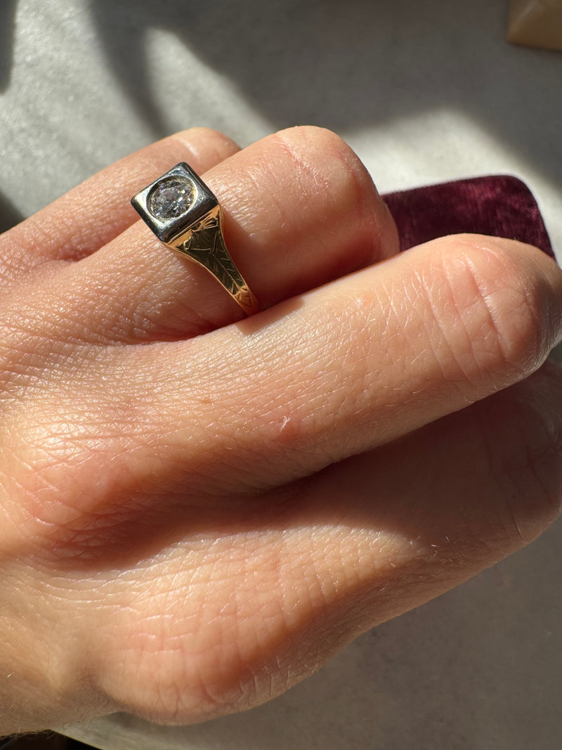 Edwardian Square Diamond Engagement Ring with Wheat Sheaf Engraving