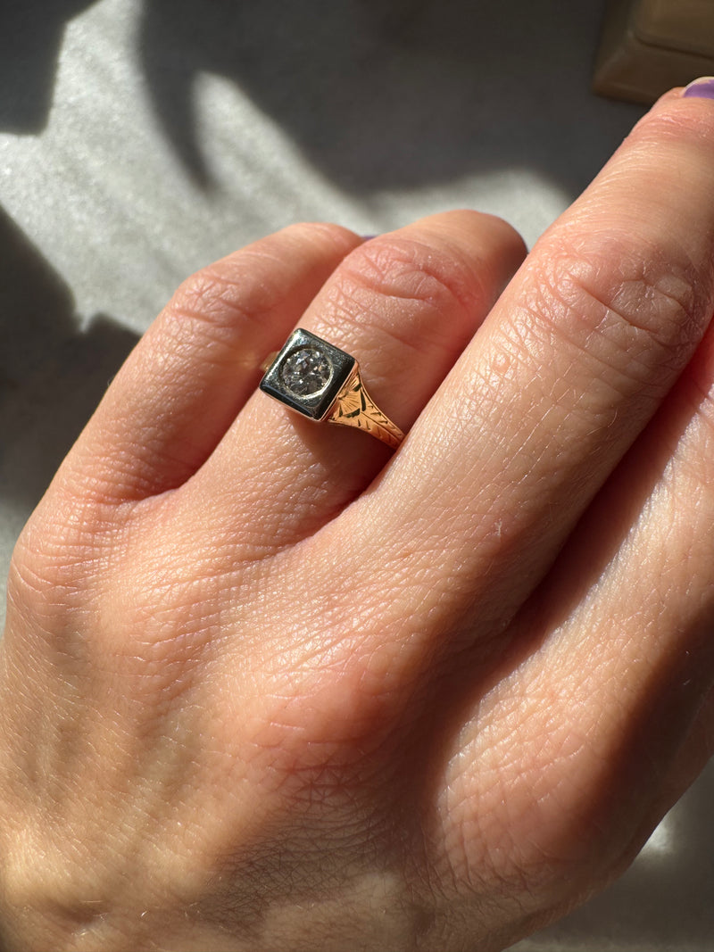 Edwardian Square Diamond Engagement Ring with Wheat Sheaf Engraving