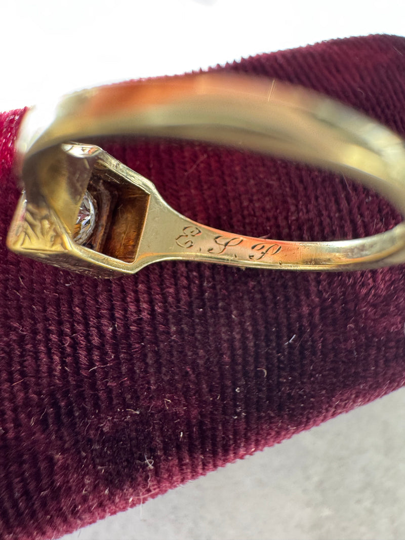 Edwardian Square Diamond Engagement Ring with Wheat Sheaf Engraving