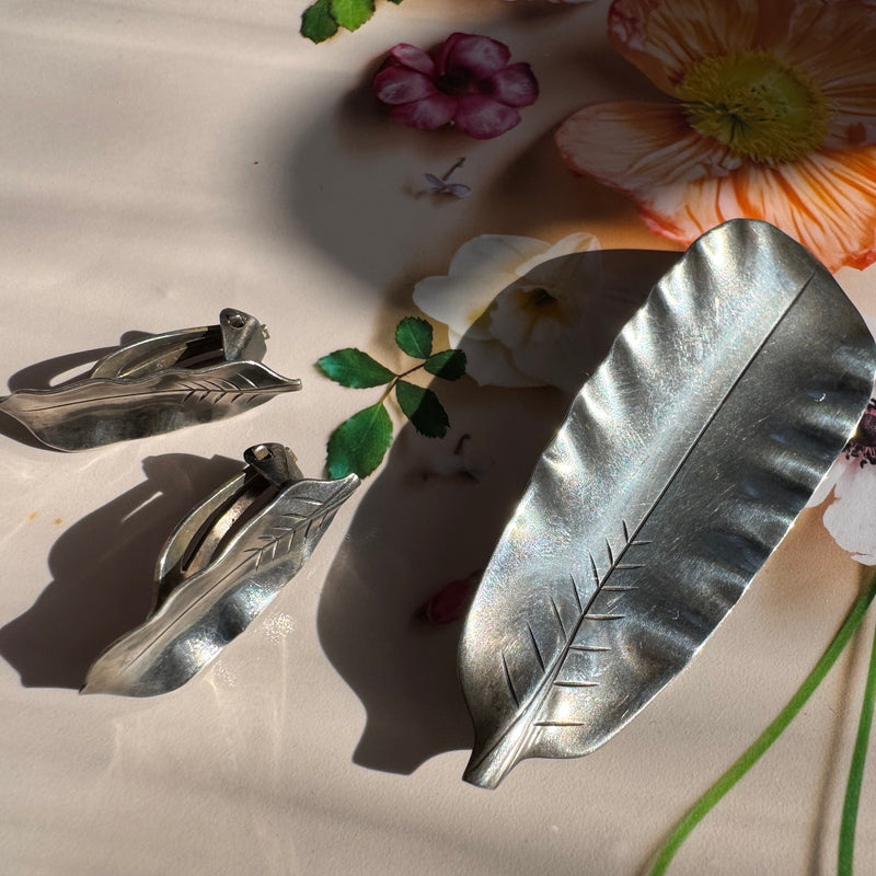 Modernist Danish Leaf Earring and Brooch Set