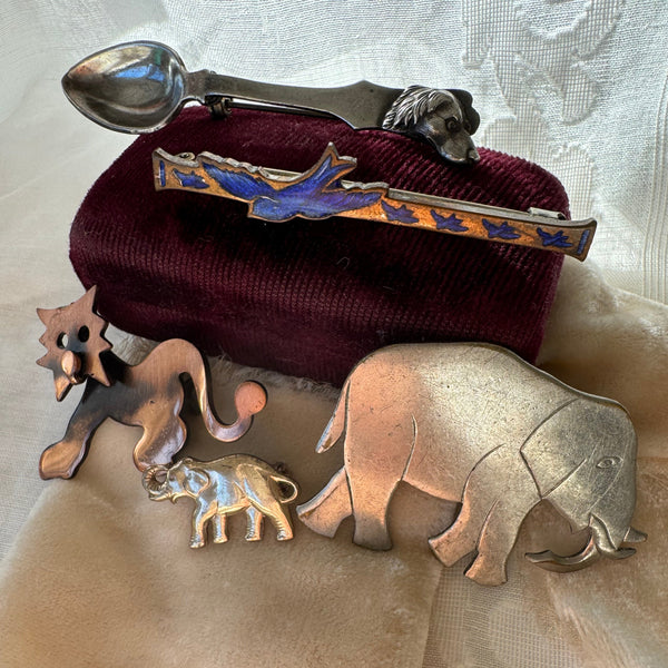 Animal Themed Vintage Pins - Dog, Bluebirds, Lion, Elephants