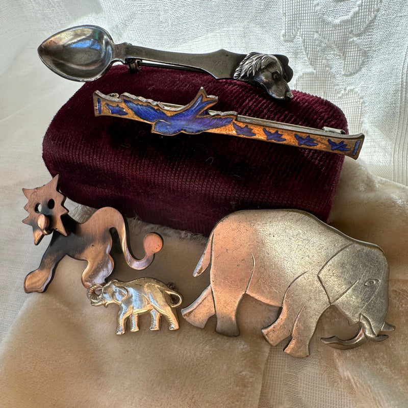 Animal Themed Vintage Pins - Dog, Bluebirds, Lion, Elephants