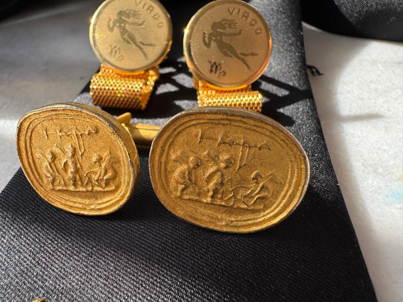 Vintage Cufflinks - Zodiac, Intaglio, Enamel, Lapis Lazuli