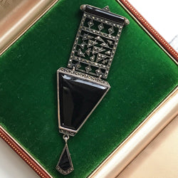 Onyx and Marcasite Geometric Brooch