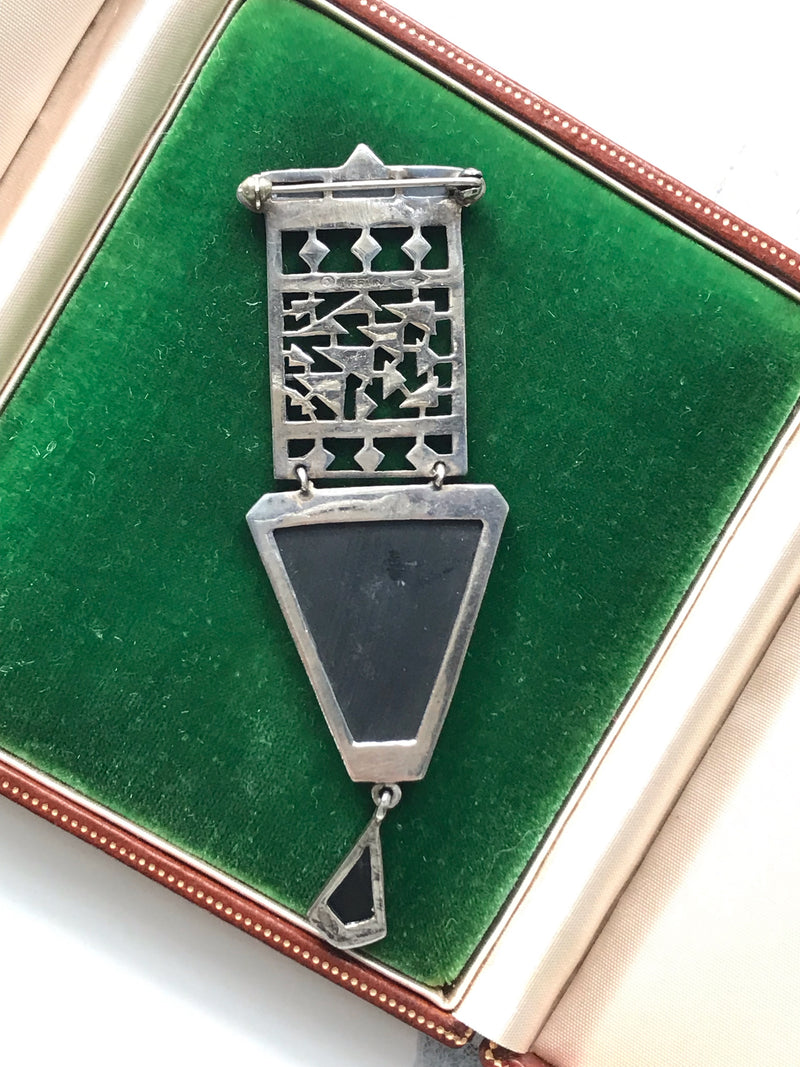 Onyx and Marcasite Geometric Brooch