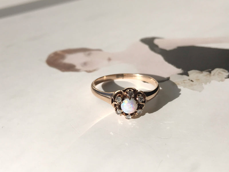 Edwardian Opal and Rose Cut Diamond Halo Ring