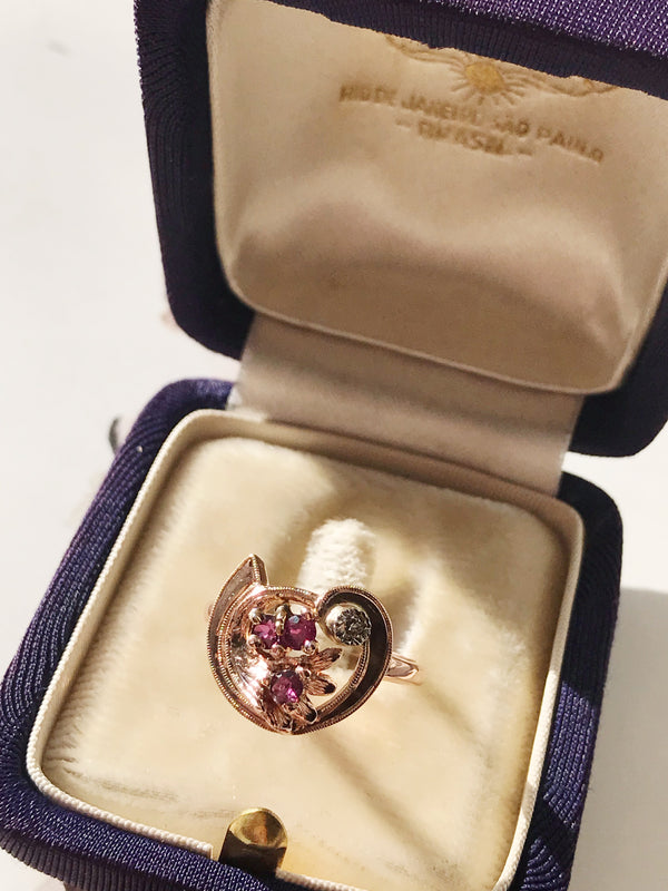 Deco Tourmaline, Rose Gold and Diamond Ring