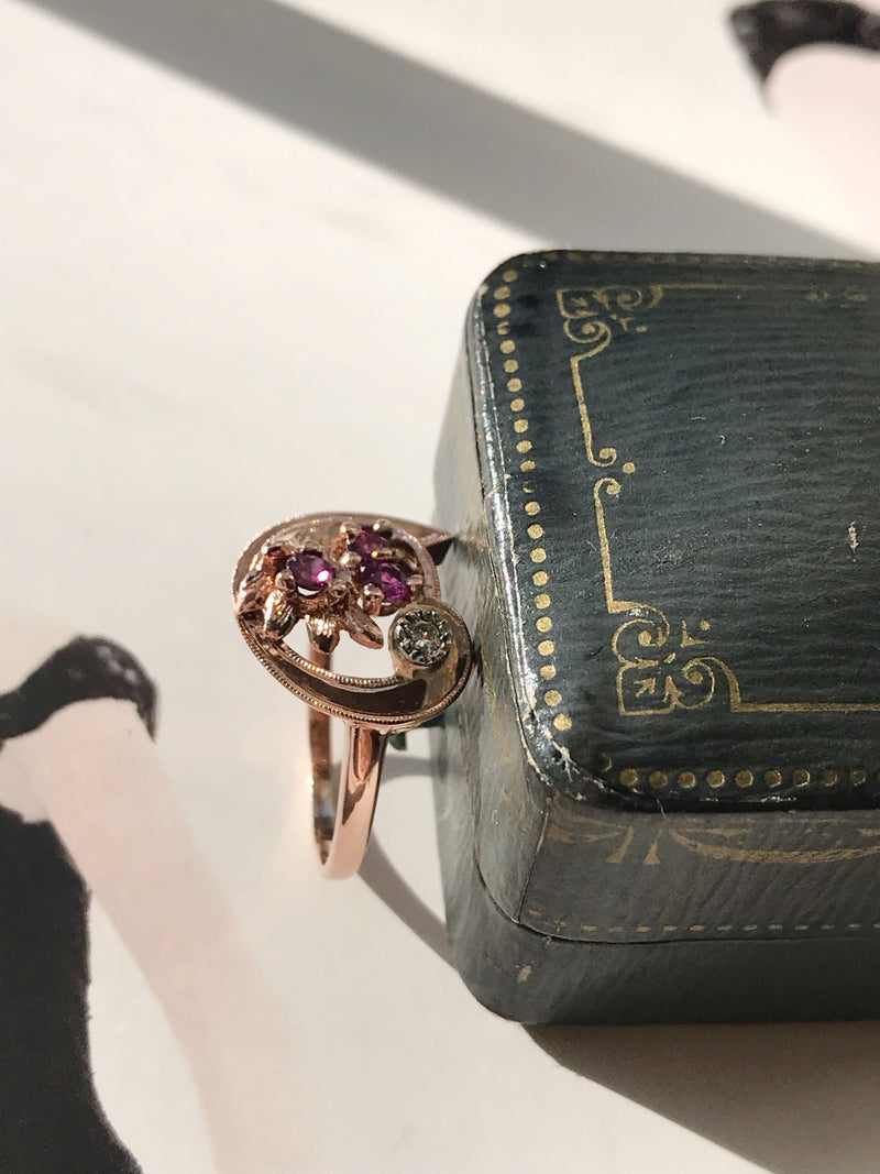 Deco Tourmaline, Rose Gold and Diamond Ring