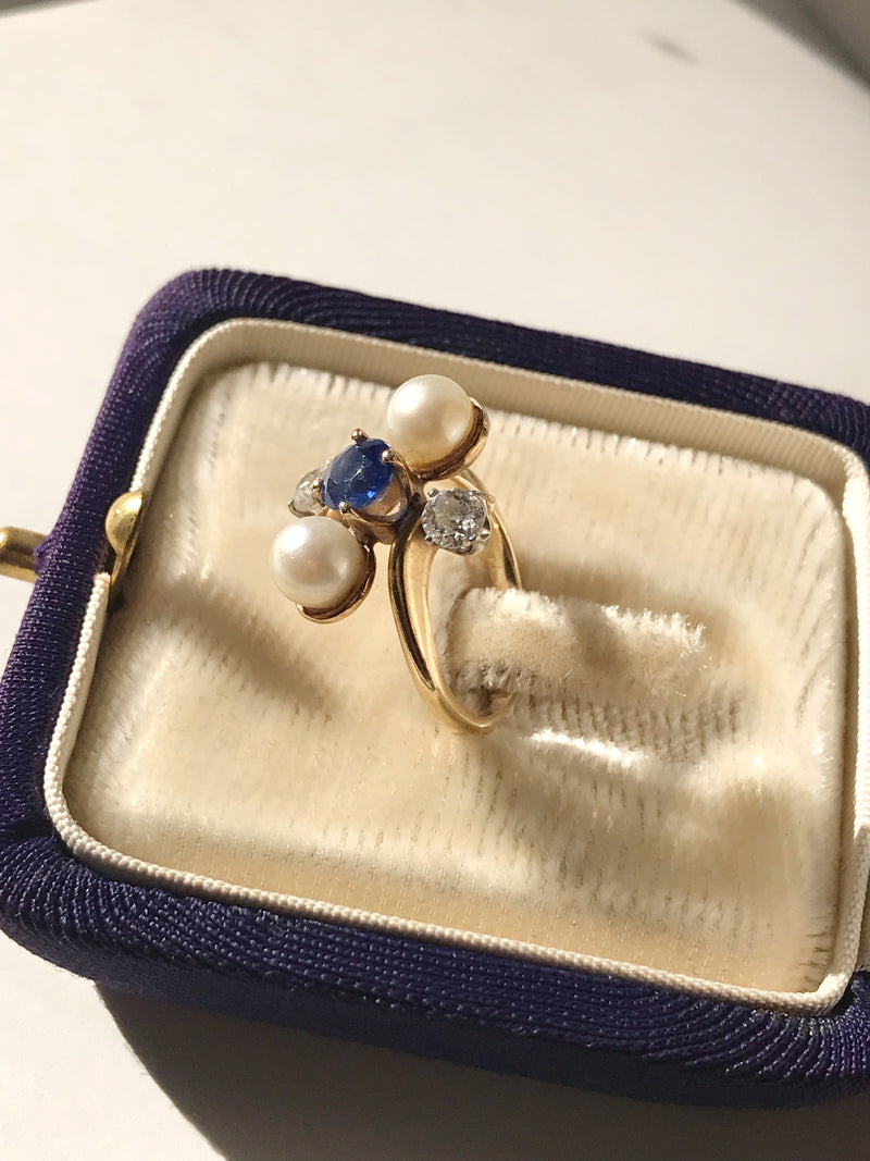 Sapphire, Pearl and Diamond Cocktail Ring