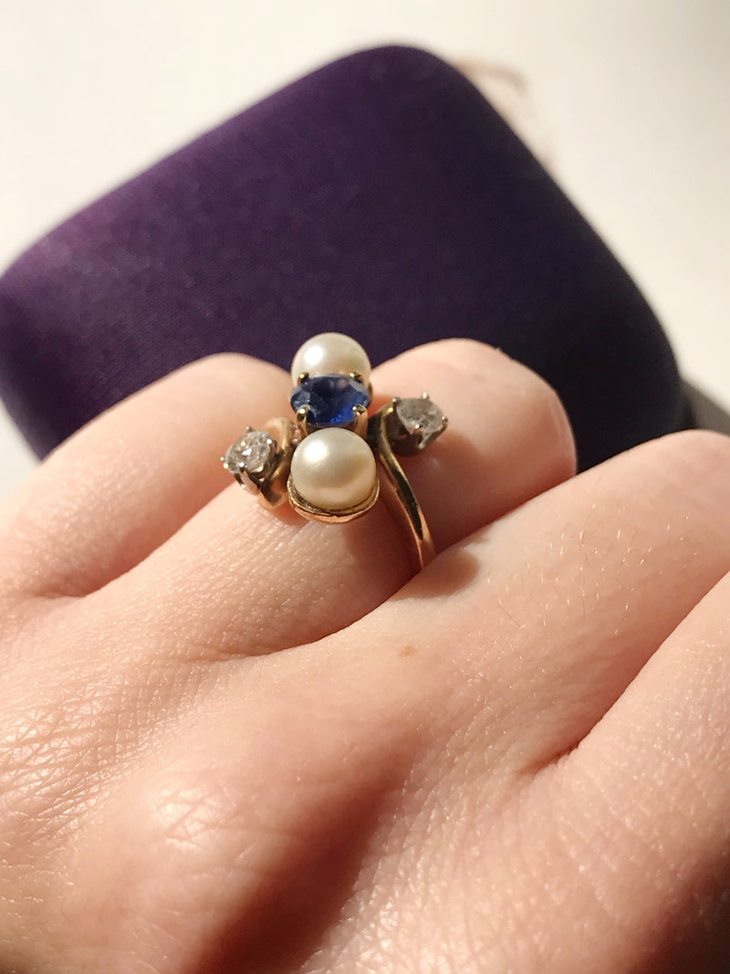 Sapphire, Pearl and Diamond Cocktail Ring