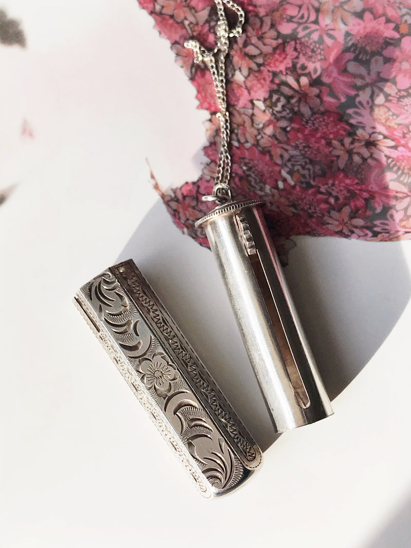 Italian Sterling Silver Lipstick Mirror Case Vintage Lipstick Holder  Carnelian Clasp Circa 1900s