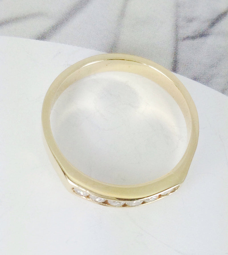 Vintage diamond wedding band ring | 14k yellow gold 6 stone fine bridal engagement stacking jewelry | geometric Art Deco style | size 6 3/4