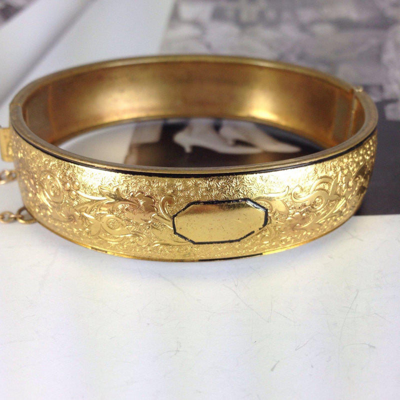 Vintage floral bangle bracelet | gold tone enameled flower, vine and leaf flower hinged bangle bracelet | stacking bangle | wedding jewelry