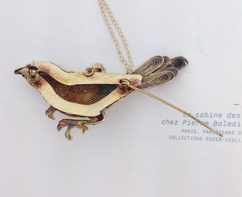 Rare Chinese export enamel bird brooch necklace | Vintage 1930's Art Deco silver gilt cloisonne filigree bird pin pendant | Asian antique