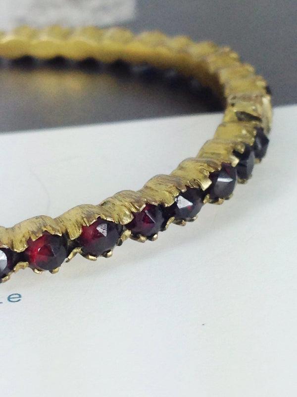 Antique simulated garnet bangle bracelet | Victorian brass and red spinel small hinged bracelet | dainty red bridal stacking bracelet