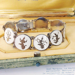 Vintage Siam goddess white enamel bracelet | Thai goddess Ramakien panel bracelet | Niello nielloware 1940's sterling silver link bracelet