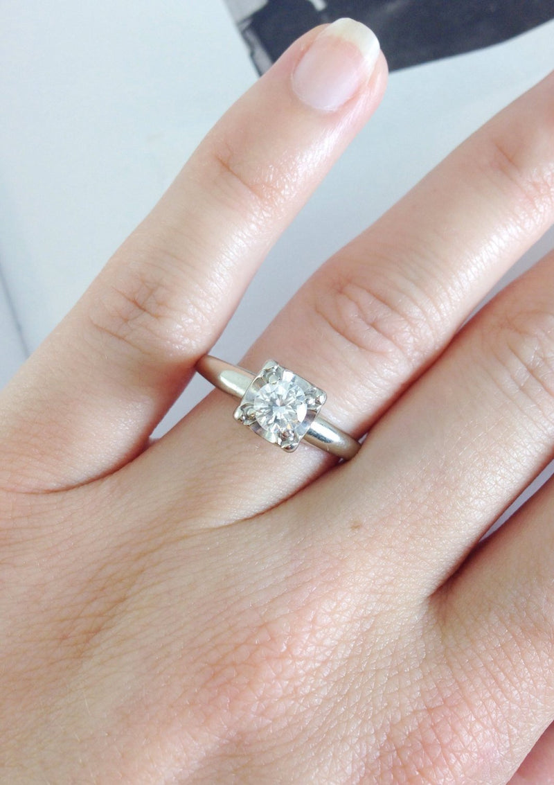 1950's square diamond engagement ring |  vintage 14k white gold .45 CT diamond solitaire | mid century square setting | size 6 3/4