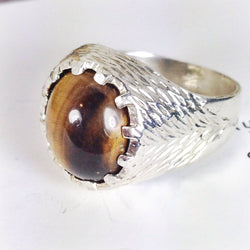 Vintage tiger's eye signet ring | men's unisex brown stone sterling silver ring | fur organic texture ring | British hallmarks | size 6