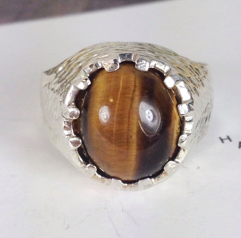 Vintage tiger's eye signet ring | men's unisex brown stone sterling silver ring | fur organic texture ring | British hallmarks | size 6