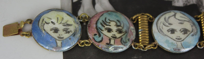 Vintage enamel panel bracelet | lady girl fun cameo bracelet | 1970's bohemian folk art jewelry | Audrey Hepburn bangle