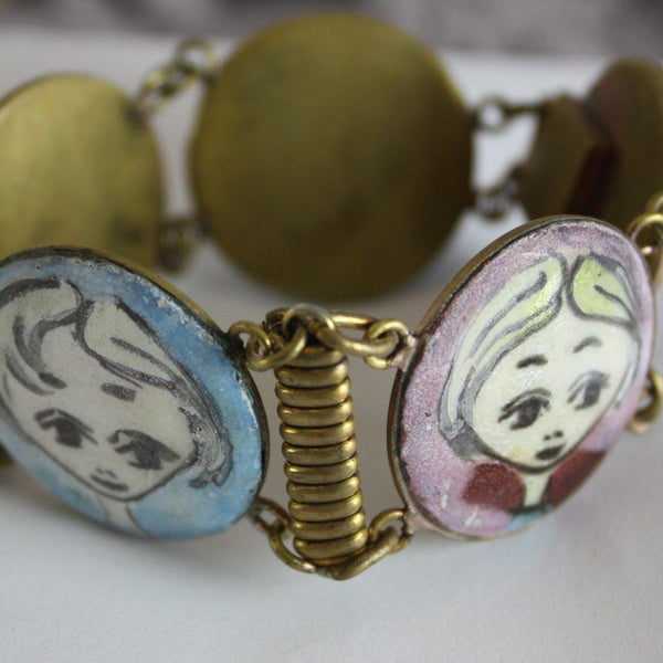 Vintage enamel panel bracelet | lady girl fun cameo bracelet | 1970's bohemian folk art jewelry | Audrey Hepburn bangle